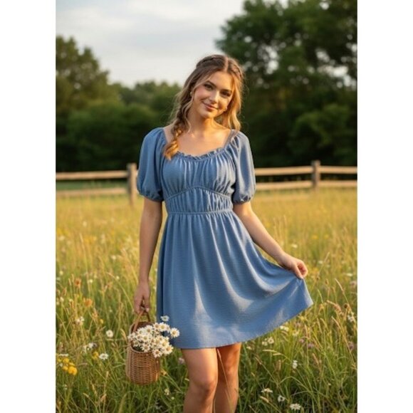 June + Hudson Blue Empire Puff Sleeve Mini Dress Cottagecore Prairie Babydoll - Picture 1 of 13